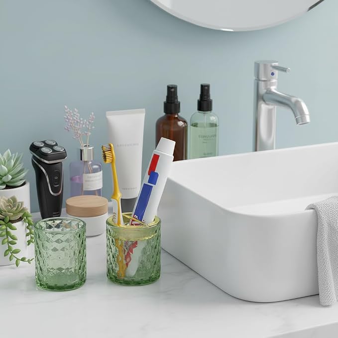 2pcs Green Toothbrush Holders for Bathrooms, Glass Toothbrush Holder and Bathroom Tumbler Set, Gold Tooth Brush Cup Holder, Bathroom Counter Organizer for Brushes, Toothpaste