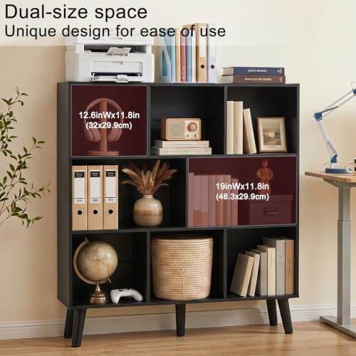 YAHARBO 8 Cube Bookshelf,3 Tier Bookcase with Legs,Black Mid-Century Modern Bookshelves,Large Free Standing Open Storage