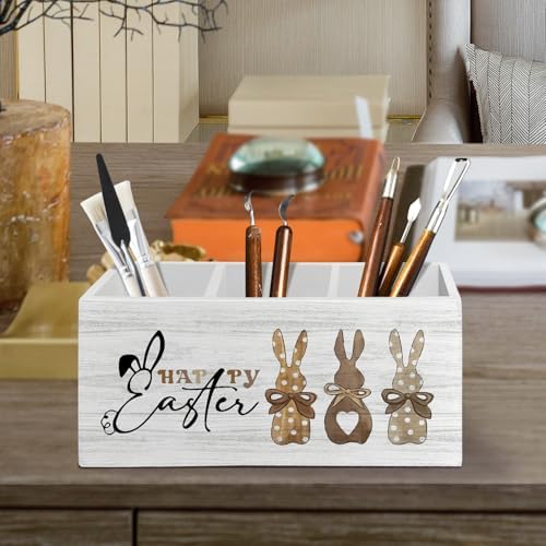 Happy Easter Bunny Decor, Bunny Rabbit Gifts, Bunny Easter Gifts for Women, Funny Pen Pencil Holder Organizer for Desk Accessories, Wooden Box Sign Desk Decor for Home Office Decoration