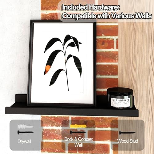 Small Black Floating Shelves for Wall, Shelf with Lip Set of 2, 8 in