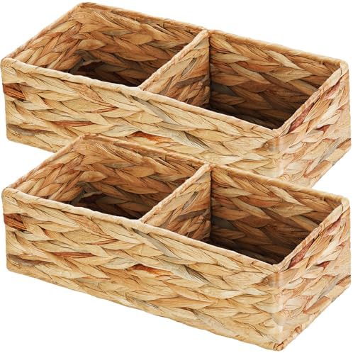 Vagusicc 2 Section Wicker Storage Basket, Set of 2 Hand-woven Water Hyacinth Storage Baskets, Toilet Tank Basket, Small 