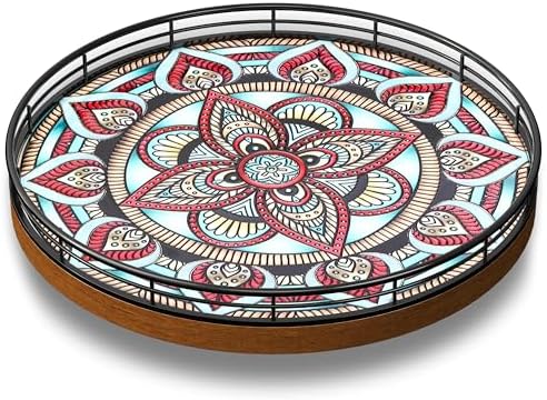 10.2-Inch Boho Lazy Susan with Oak Base and 3D Textured Ceramic Tile