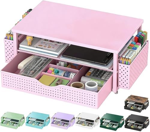 Spacrea Computer Monitor Stand with Drawer and 2 Pen Holders, Pink