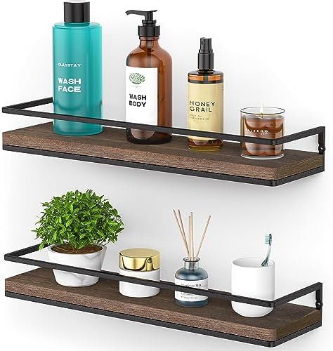 Meangood Floating Shelves Wall Mounted Set of 2, Rustic Wood Wall Storage Shelves for Bedroom,Living Room,Bathroom, Kitc