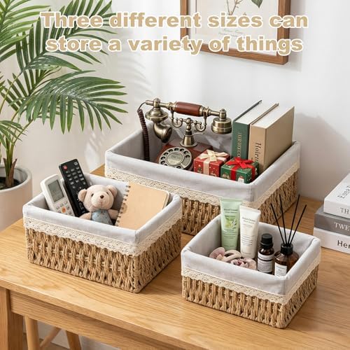 Wicker Storage Baskets, Handwoven Paper Rope Organizer Bins with Removable Floral Liner, Large for Bathroom, Pantry, She