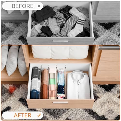Yieach 8 Pack Clear Acrylic Drawer Divider 6 Inch High,Expandable from 14-20'',Adjustable Dresser Drawer Dividers for Ba