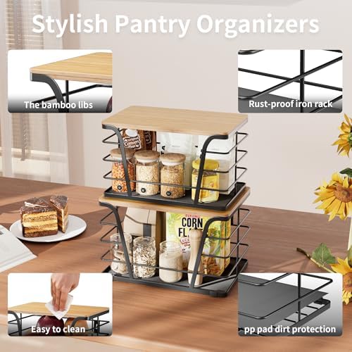 2 Pack Potato and Onion Storage Bins, Stackable Kitchen and Pantry Organizer with Bamboo Top & Lightweight PP Mat, for V