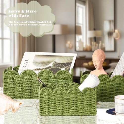 Scalloped Wicker Basket Set of 3, Hand-Woven Storage with Handles