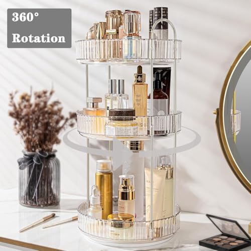 360 Rotating Makeup Organizer and Storage for Vanity Countertop 3 Tiers, High Capacity Cosmetic Skincare Perfume Organiz