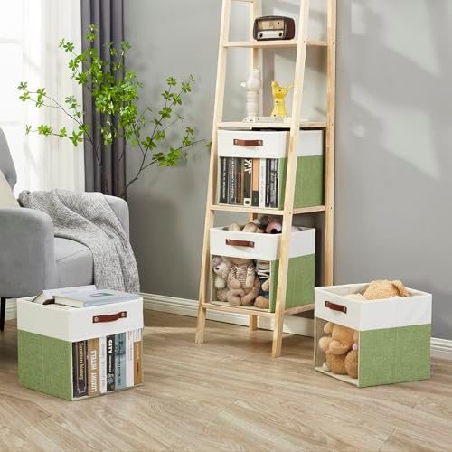 Bagnizer Storage Cubes, 4 Pack Linen Foldable Storage Bins (13 x 13 inch) with Clear Window and Handles, Fabric Organizer for Shelf Closet, Clothes, Books - (Green and White)