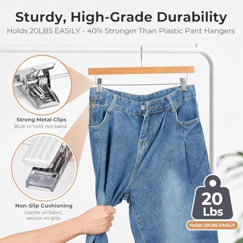 HOUSE DAY Wooden Pants Hangers with Clips, 50 Pack Skirt Hangers, Natural