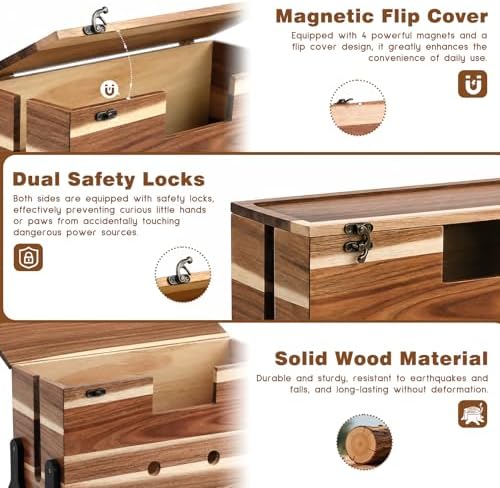 Extra Large Cable Management Box, 14.2-Inch Acacia Wood Cord Hider Box with Dual Locks and Magnetic Lid, Power Strip Cov
