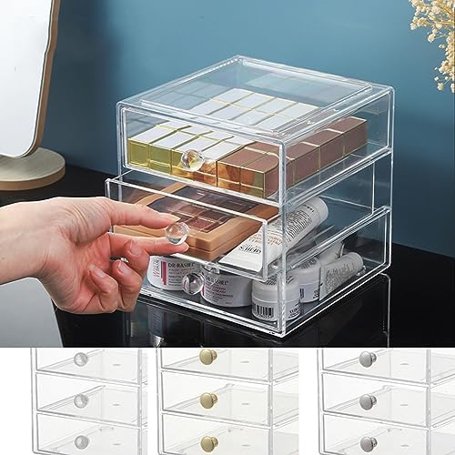 AJIODA Makeup Drawer Organizer Box with 3 Drawers, Acrylic Cosmetic Display Case Vanity Organizer Jewelry Storage Box St