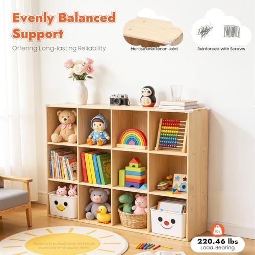 12-Cube Solid Wood Bookshelf, 3-Tier Storage Organizer Semi-Open Floor Display Shelf Closet Cabinet for Home Office Libr