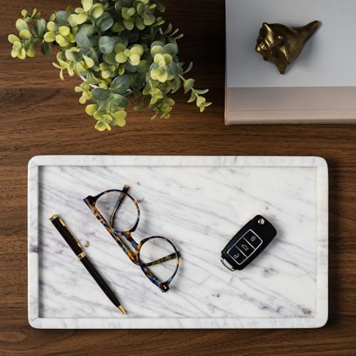 Cork & Mill Marble Tray for Bathroom Vanity, White, Large 13 x 7.5 Inch