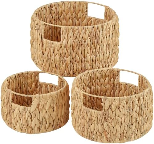 Vagusicc Wicker Storage Basket, Hand-Woven Water Hyacinth Large Round Woven Basket With Handles, Wicker Baskets for Organizing/Storage, 3-Pack