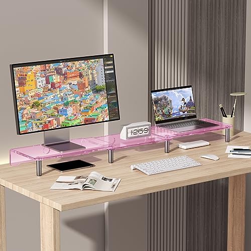 Pink Acrylic Dual Monitor Stand Riser，Adjustable Length Angle for 2Monitors
