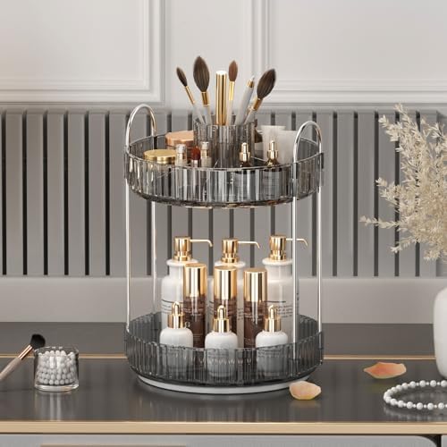 360° Rotating Makeup Organizer, Upgraded 2 Tier Skincare Perfume Organizers for Women, Bathroom Organizer Countertop, Cl