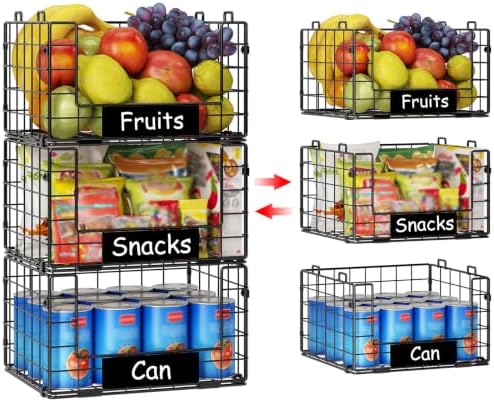 3 Pack XL Stackable Wire Baskets with Handle, Pantry Organizers and Storage