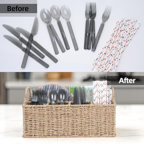 Wicker Party Silverware Caddy, Handwoven Seagrass Cutlery Utensil Holder with Handles, Kitchen Countertop and Picnic Fla