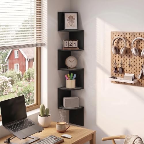 Furinno Rossi 5-Tier Corner Floating Book Shelves for Wall, French Oak