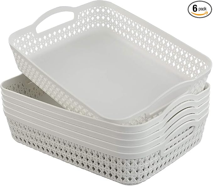 White Plastic Storage Basket Tray, Pack for 6 (Large)