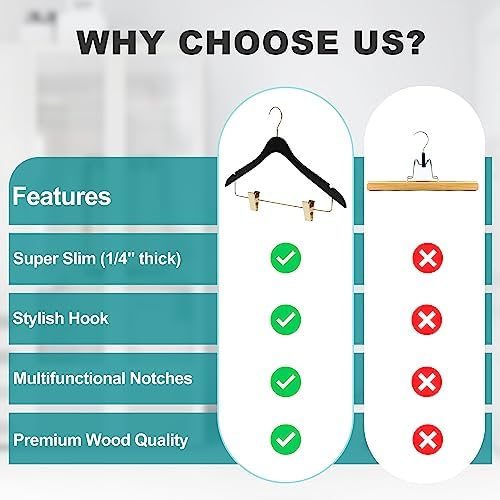 20 Luxury 16.5" Ultra Thin Space Saving Black Wooden Skirt Pant Hangers, 360 Degree Swivel Hook, Best for Suit, Coat Hangers Pants, Blouses, Dress Hangers Black with Gold Hook (Skirt/Blouse, 20)