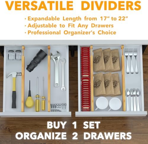 SpaceAid 4 Pack Bamboo Drawer Dividers with Labels, Kitchen Adjustable Drawer Organizers, Expandable Organization for Home Clothes Dressers (17-22 in, Natural)