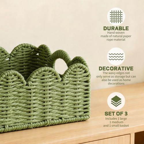 Hand Woven Paper Rope Scalloped Edge Decor Baskets for Home,Living Room, Bedroom,Storage over Above Behind Flush Tank,To