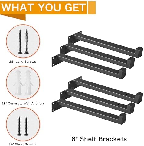 EZYDECOR 6Pcs Heavy Duty Shelf Brackets with Lip Black 12"/300mm