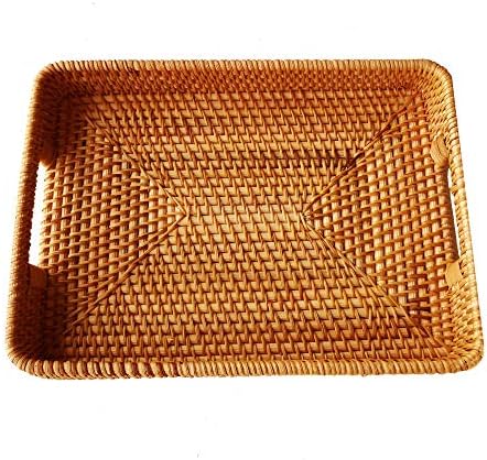 i-lan 2 Pack Natural Rattan Serving Trays with Handles – Handwoven Rectangular Wicker Baskets for Food, Bread, Fruit | D