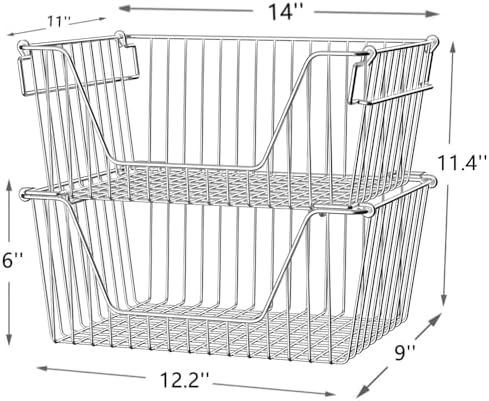 Slideep 14" Large Stackable Storage Baskets, Cabinet Organizer Sturdy Metal Wire Pantry Freezer Bin for Pantry Home Bath