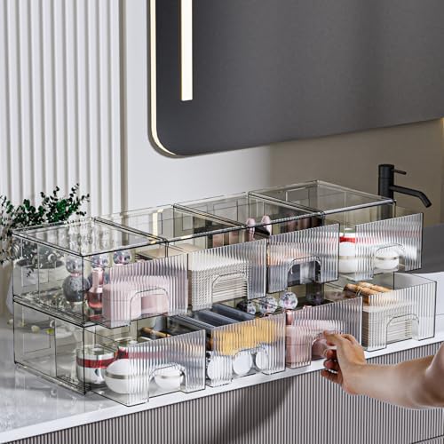 ZHIAI 8 Pack Clear Stackable Storage Drawer, Acrylic Drawer, Cosmetic Organizer, Plastic Organizer for Dresser, Under, K