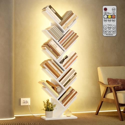 Hoctieon 10 Tier Tree Bookshelf with LED Lights, Small Bookcase, Freestanding Book Shelf, Display Floor Standing Storage