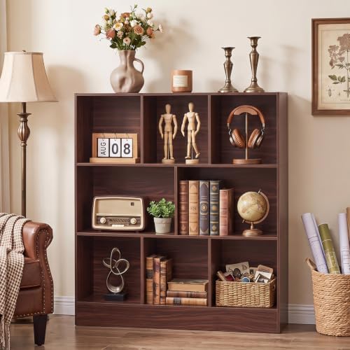 YAHARBO 3 Tier 8 Cube Horizontal Bookshelf,Low Bookcase with Sleves,Walnut