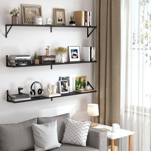 Heimlove 48 Inch Large Wall Bookshelves Set of 3, Wall Mounted Bookshelves,Heavy Duty Wooden Shelves for Living Room,Bed