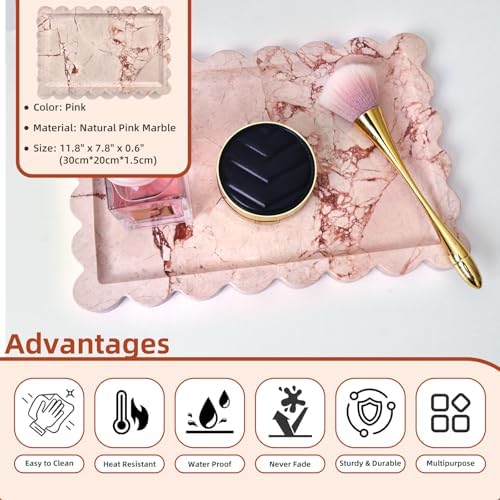 Yew & Tulip Natural Marble Vanity Tray with Scalloped Rim, Nature Rose Pink Luxury Stone Serving Tray for Bathroom, Kitc