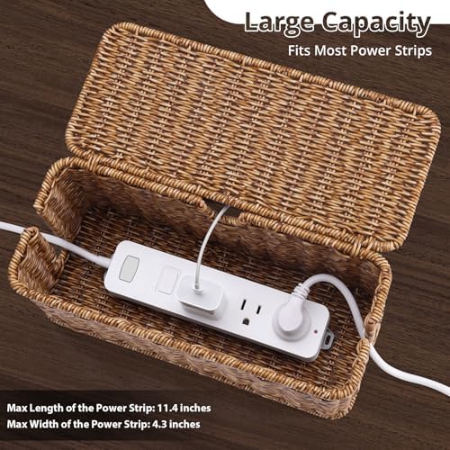 ZhiYo Rattan Cable Management Box, Speckled Brown, 12.5" x 5" x 5.2"