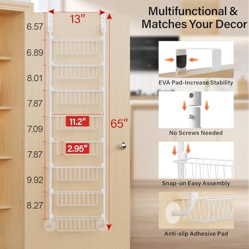Delamu Narrow Over The Door Pantry Organizer, 8-Tier Metal Pantry Door Organization and Storage for Easy Install, Hangin