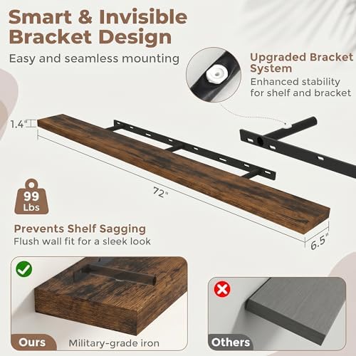 72 Inch Floating Shelves for Wall, 6.5"D Wood Storage Shelves, Brown Finish
