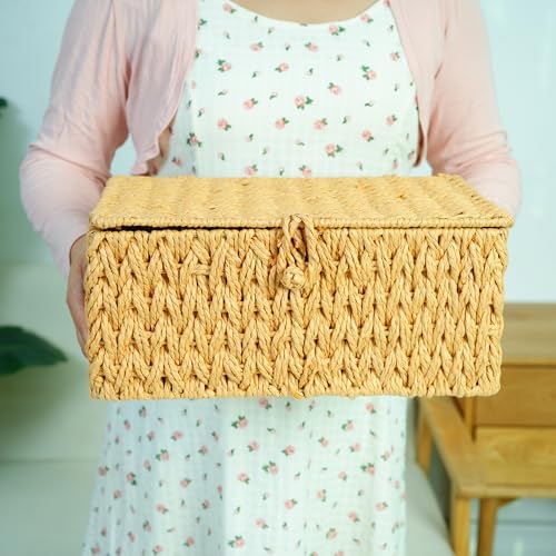 Handwoven Paper Rope Basket with Lid Storage Organizer