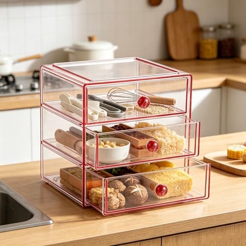 AJIODA Makeup Drawer Organizer Box with 3 Drawers, Acrylic Cosmetic Display Case Vanity Organizer Jewelry Storage Box St