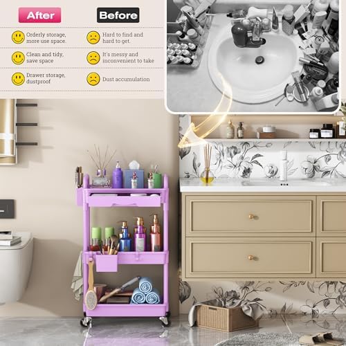 Goovilla Rolling Makeup Organizer Cart with Removable Drawer, 3 Tier Purple