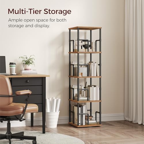 MAHANCRIS 4-Tier Rotating Bookshelf, Freestanding Corner Bookshelf, 360° Spinning Bookcase, Industrial Style Storage Rac