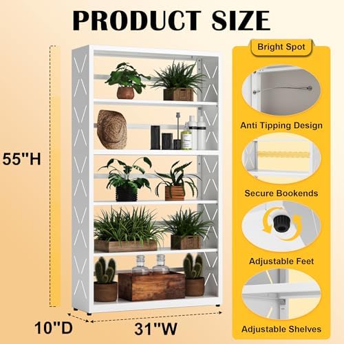 SteeLoong 5 Tier Bookcase,Metal Bookshelf with Adjustable Feet & Shelves