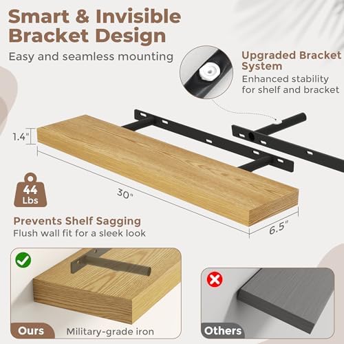 30 Inch Floating Shelves for Wall, 6.5"D Wood Storage Shelves, Oak Finish