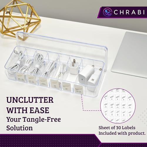 Set of 3 Cable Organizer Box W/Labels - Charger Box, Stackable W/Lids-Cord Organizer Junk Drawer- Cord Storage Box for D