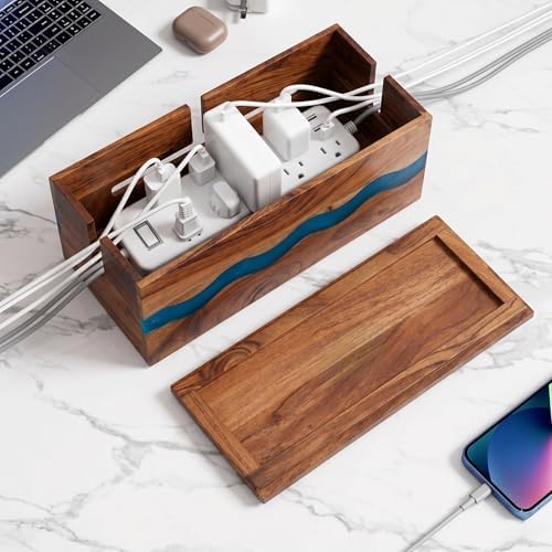 Acacia Wood & Epoxy Cable Management Box, 16X 6 X 5.5 Cable Hider Box, Cable Organizer Box Ideal for Under Desk Cable Ma