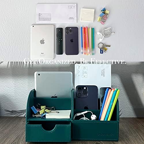 UnionBasic Desk Organizer - Multifunctional Leather Desktop Pen Holder Storage Box - Business Card/Pen/Pencil/Mobile Phone/Stationery Holder, Vintage Green