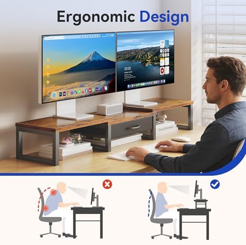 Desk Organizers and Accessories, Dual Monitor Stand Riser with Drawer, Computer Monitor Stand, Adjustable Desk Shelf for